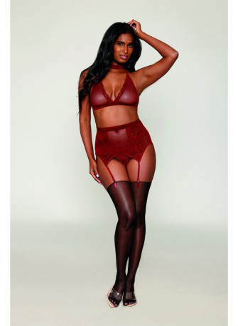 Ensemble 4 pièces soutien gorge, tour de cou, string et porte jarretelles rouge - DG11776GAR